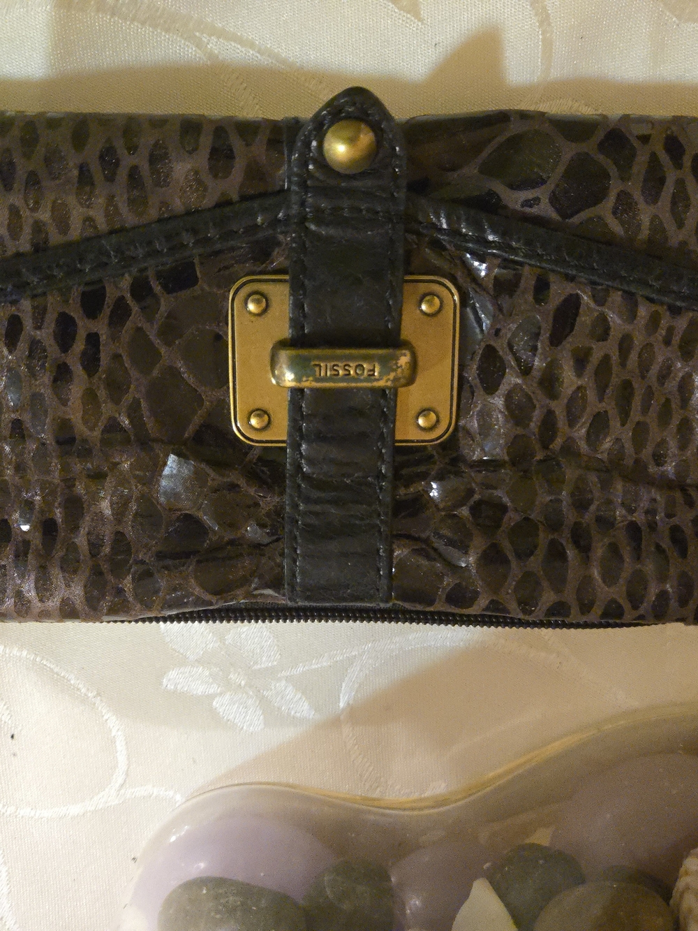 Fossil Brown Croc-Embossed Leather Clutch with Brass Plate